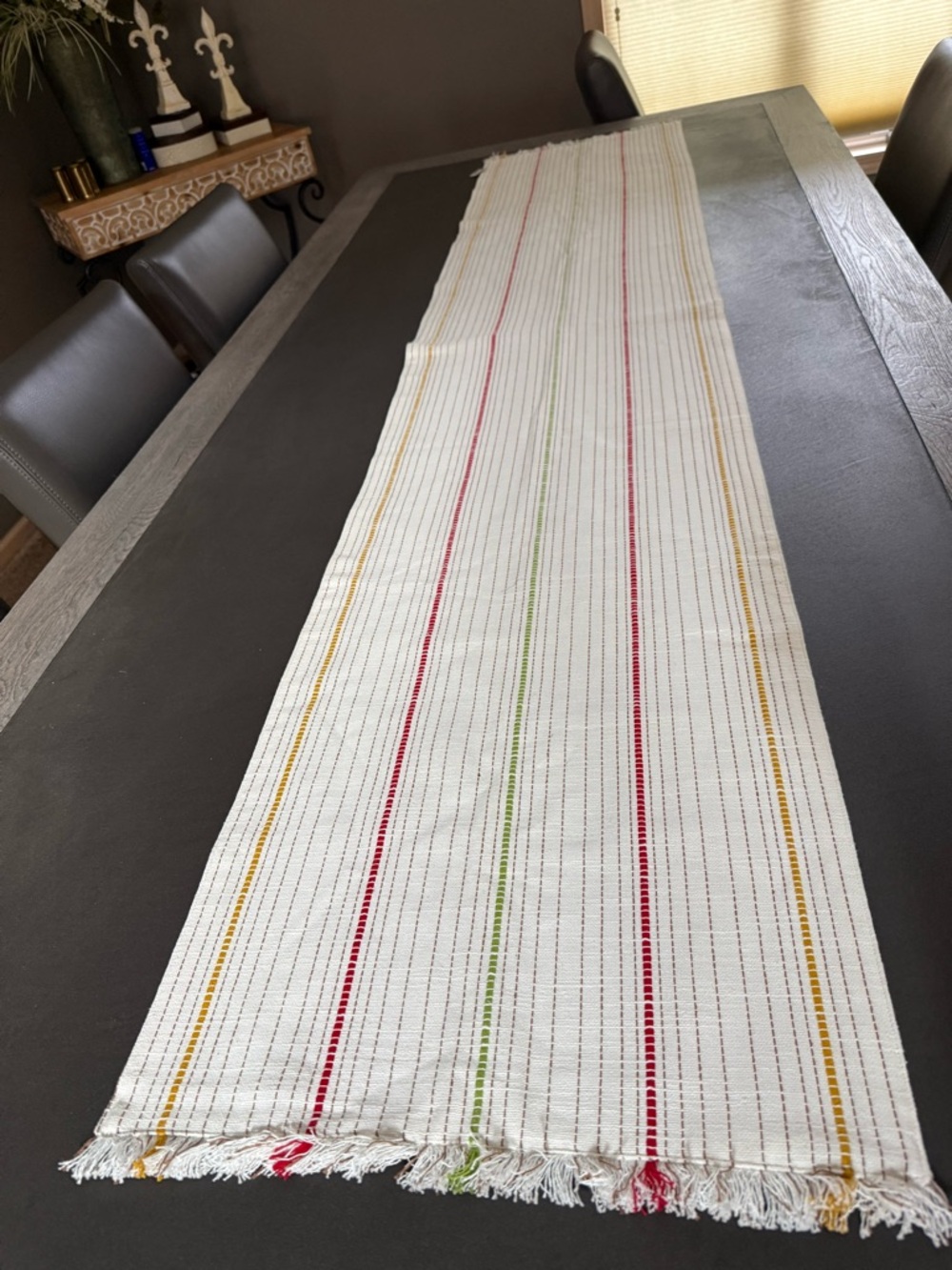 Kirklands NWT Cream Cotton Table Runner with Red, Green & Yellow Stripes
